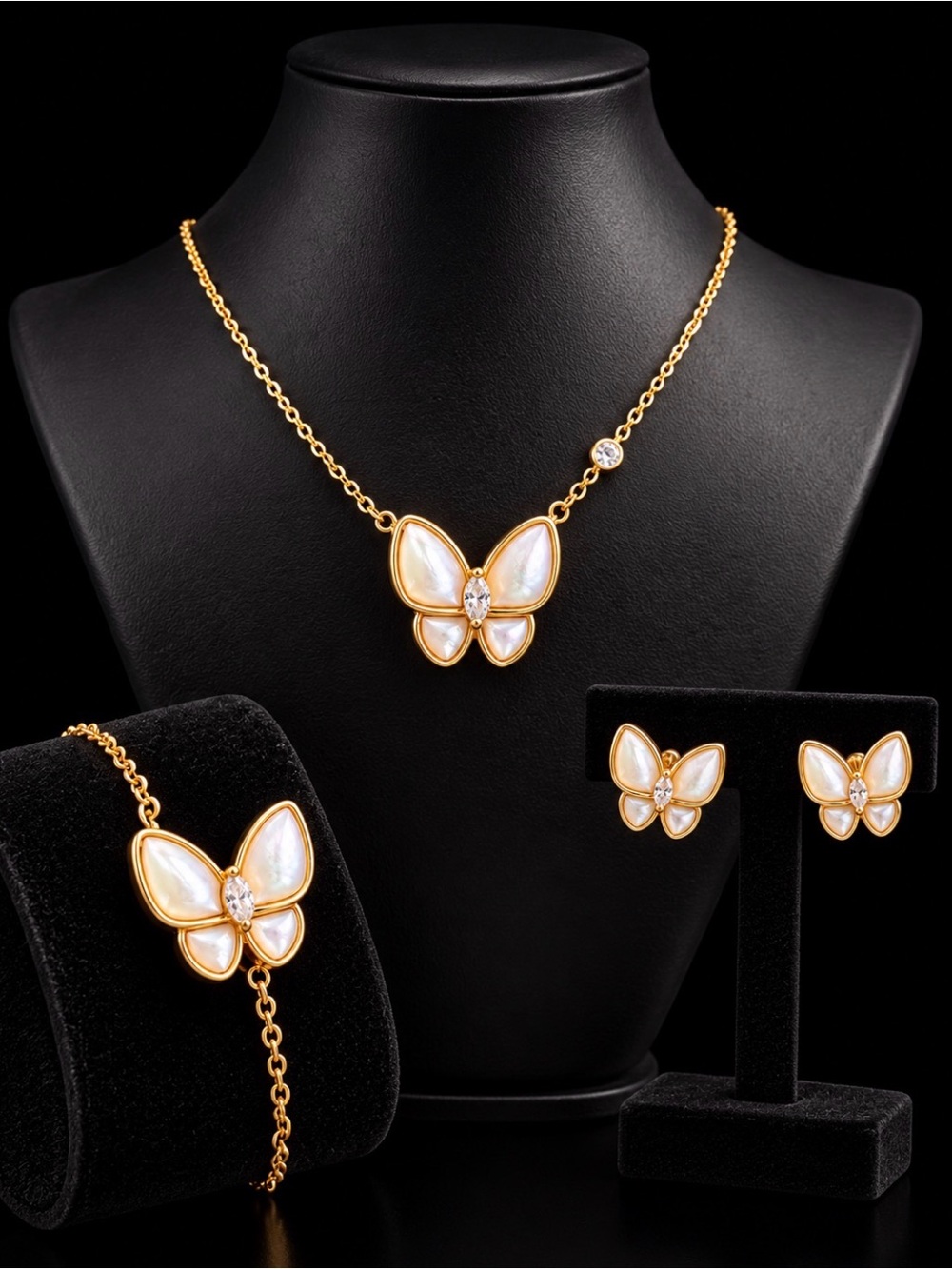 Gold Butterfly Pearl Necklace, Bracelet & Earring Set